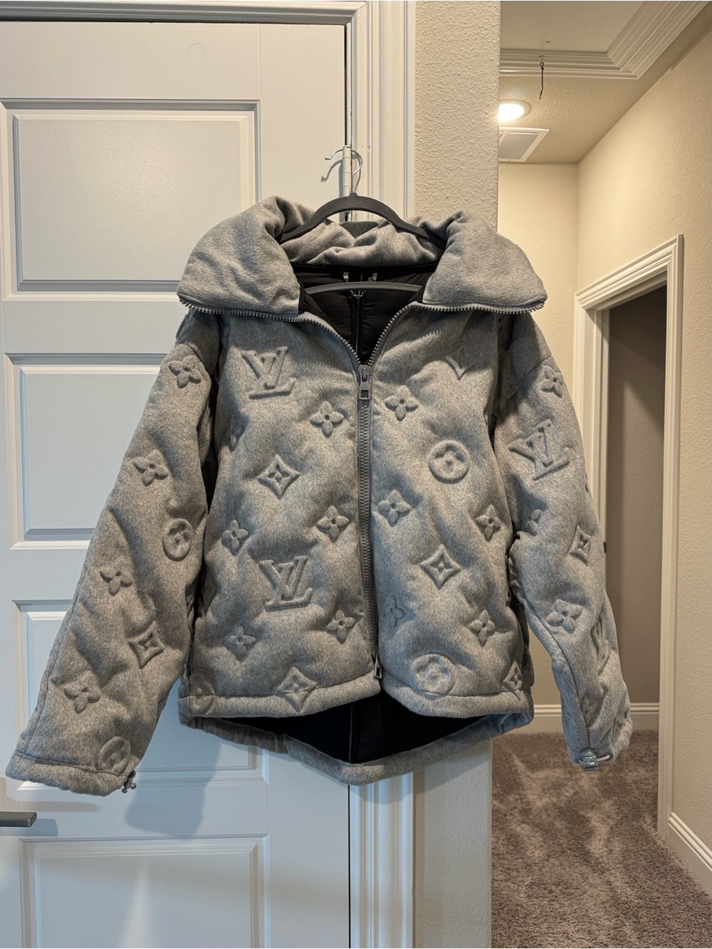 Louis Vuitton Gray Embossed Boyhood Monogram Cashmere Oversized Puffer Jacket